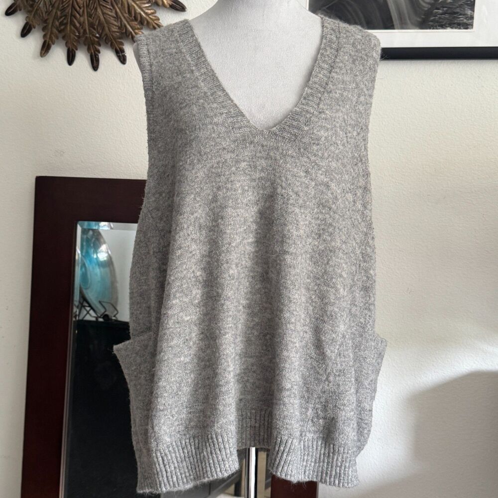 Cozy gray fuzzy oversized sweater vest with pockets Soft minimalist grandpacore